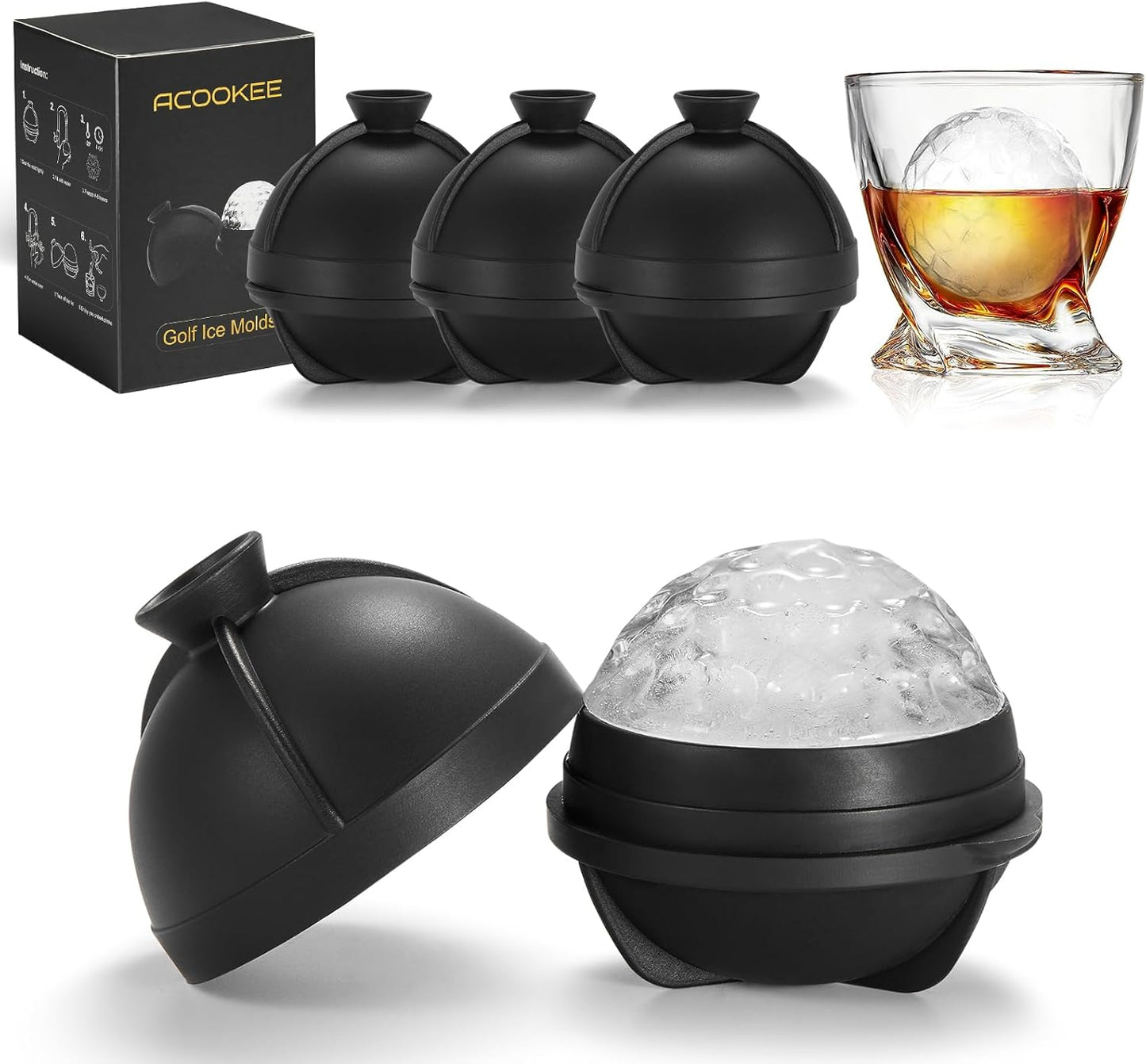 Golf Gifts Ball Ice Maker Mold set of 4, 2.5" Large Sphere Round Ice Cube Mold for Whiskey, Cocktails, Coffee, Soda, Fun Drinks, and Gifts,Leak-Free, Reusable, BPA-Free