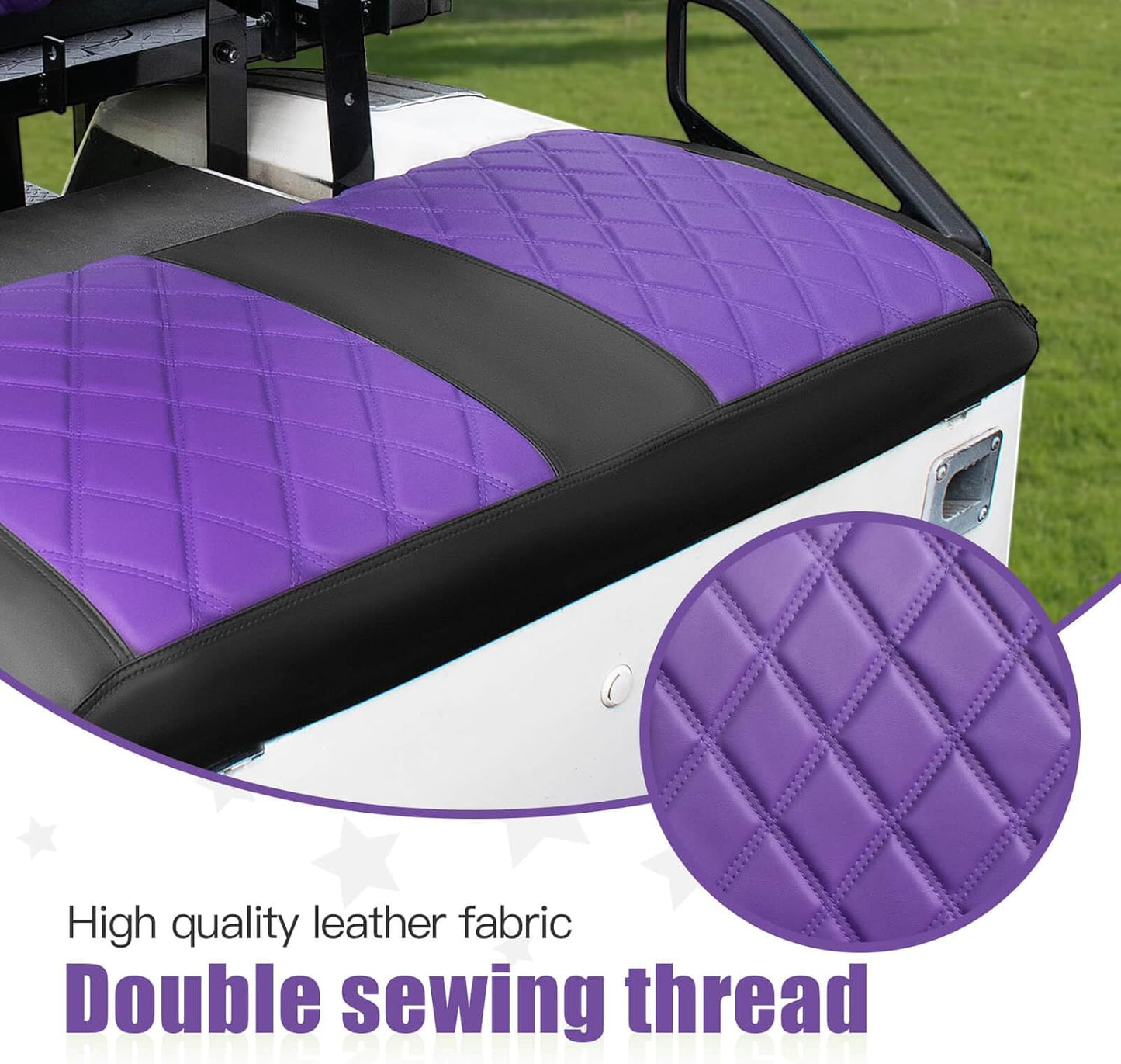 NOKINS Golf Cart Diamond Seat Covers Kit, Fit for EZGO TXT 1994-2013/EZGO RXV OEM Standard Front Seat Cushion, Golf Cart Vinyl Seat Cover, No Nails Required (Purple and Black)