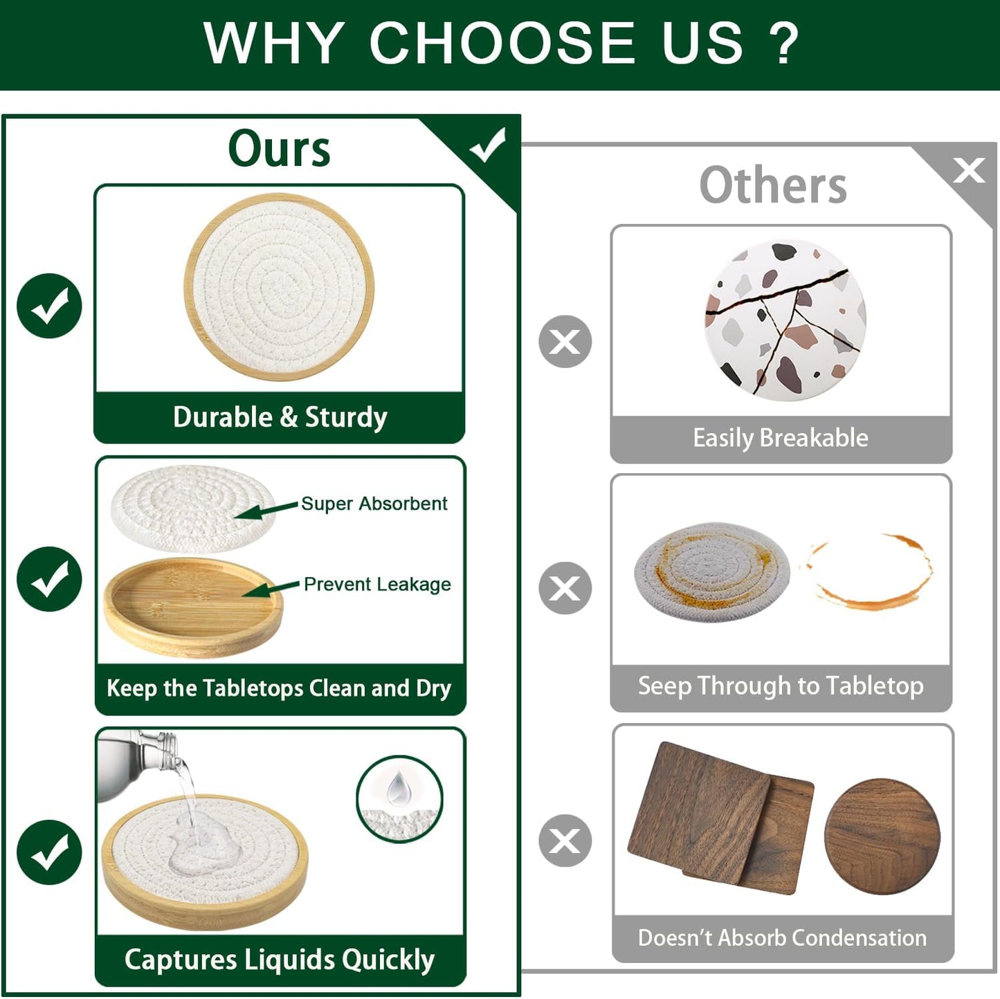 Bamboo Coasters for Drinks, Absorbent Coaster Sets of 5, Woven Drink Coasters for Coffee Table, Housewarming Gift for Farmhouse Home Decor,4 inches (White Series)