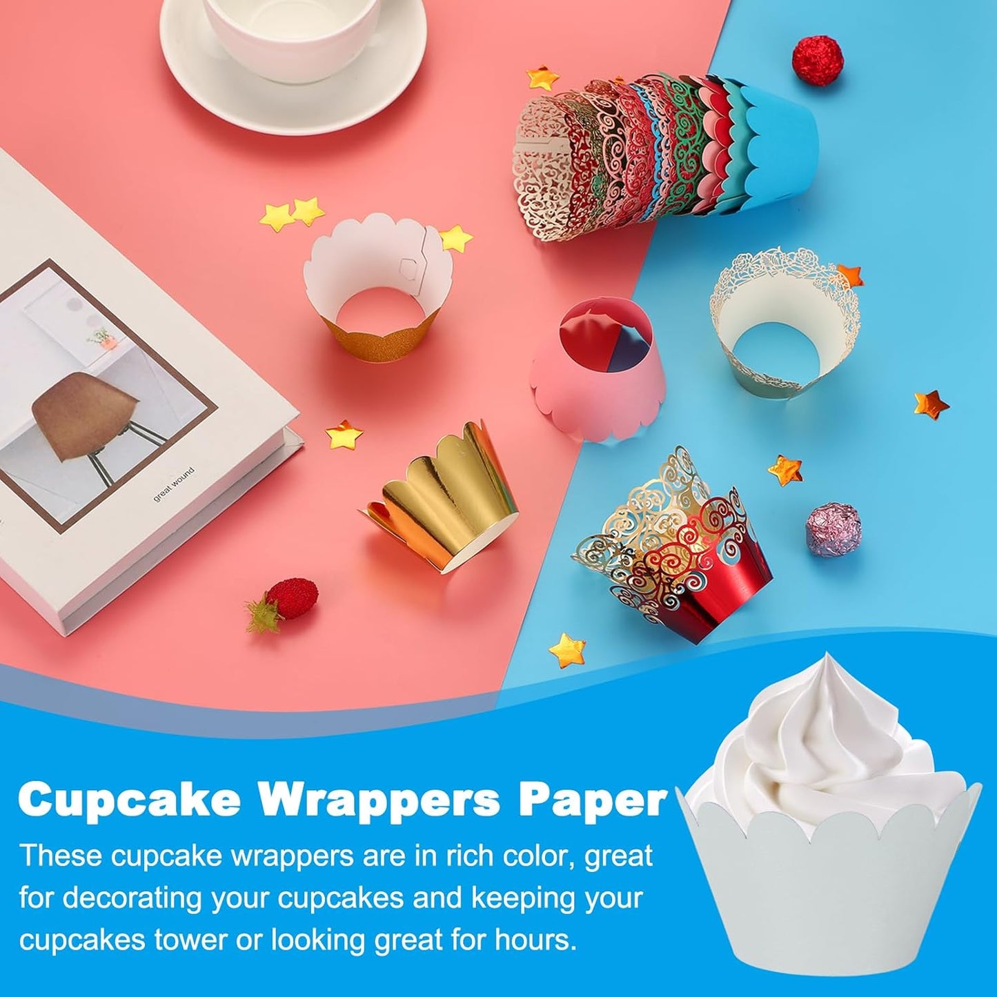 PATIKIL Cupcake Wrappers Paper, 50 Pack Baking Cups Standard Wave Decoration for Anniversary Birthday Weddings and Parties, Green/Blue