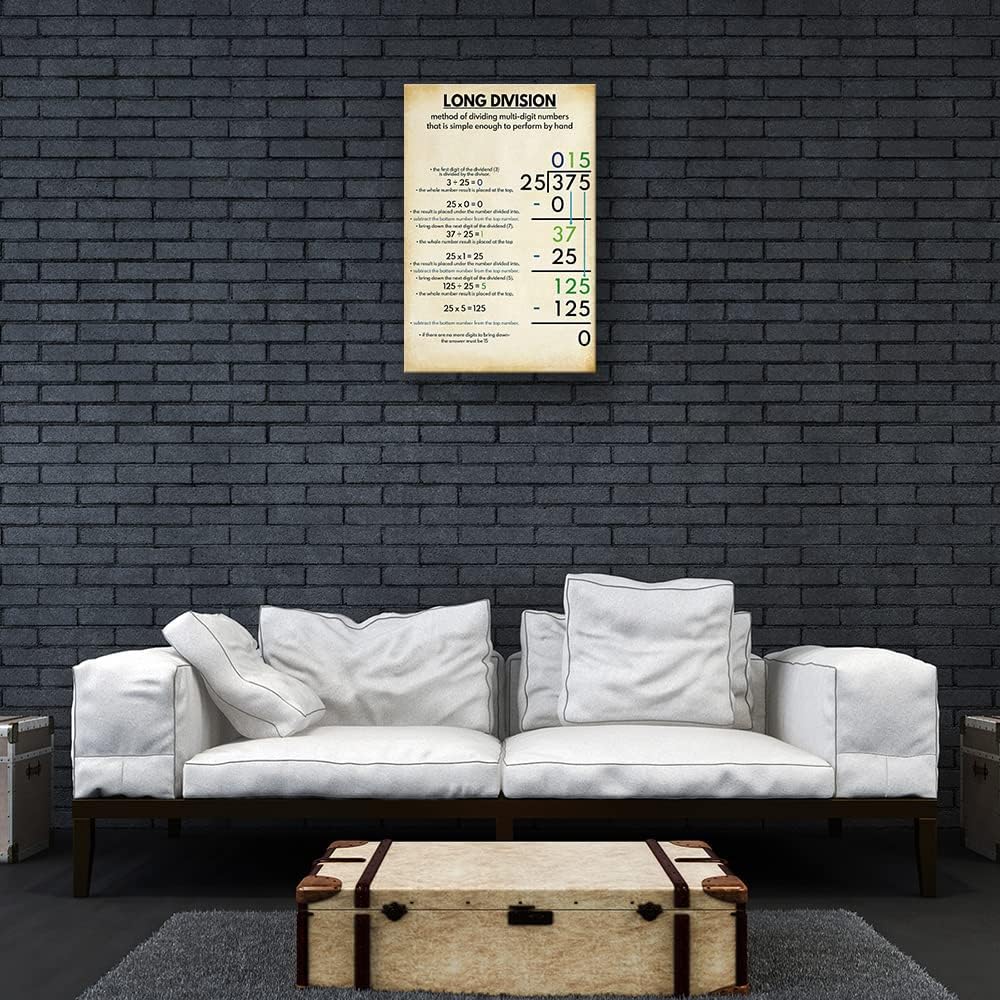 Long Division Poster Educational Wall Decor Vintage Poster Modern Math Pictures Wall Art Abstract Framed Prints For Classroom Decor Framed (16x24 inch)