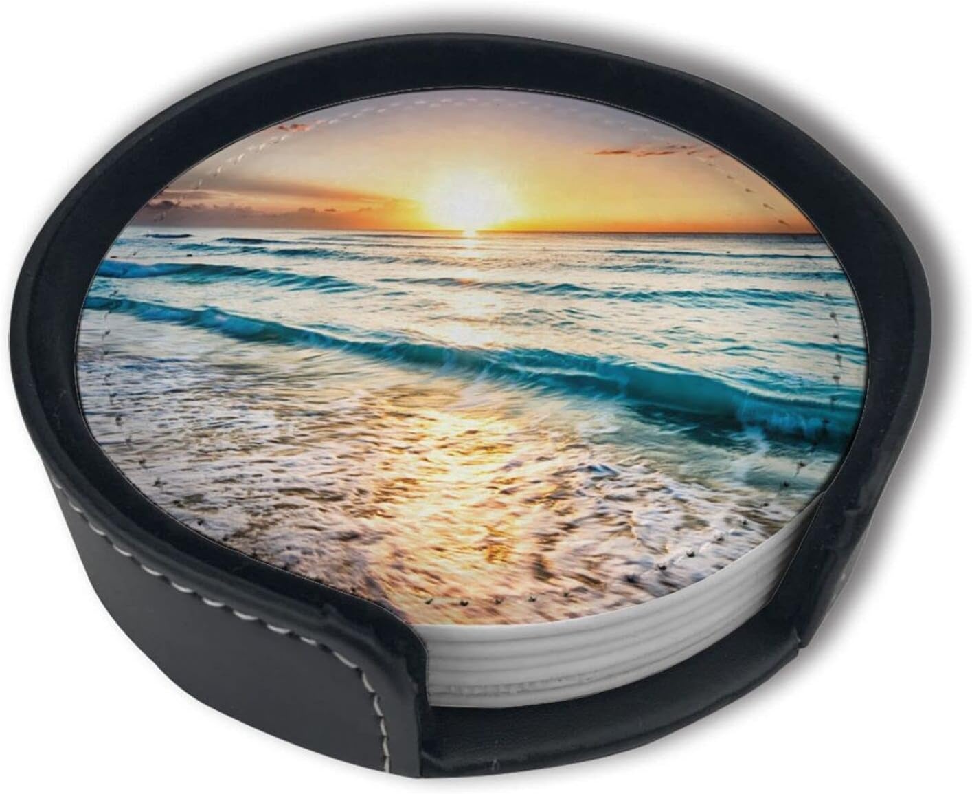 Ocean Theme Sand Beach Wave Sea Water Pattern Leather Drinks Coasters with Holder Set of 6, Suitable for Kinds of Cups
