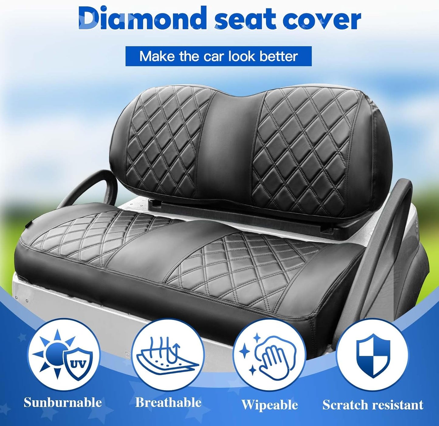 NOKINS Golf Cart Vinyl Diamond Seat Covers kit, Fit Club Car Precedent/Tempo/Onward Premium Front Seat Cushion, Soft/Scratch-Resistant/No Stapler Needed