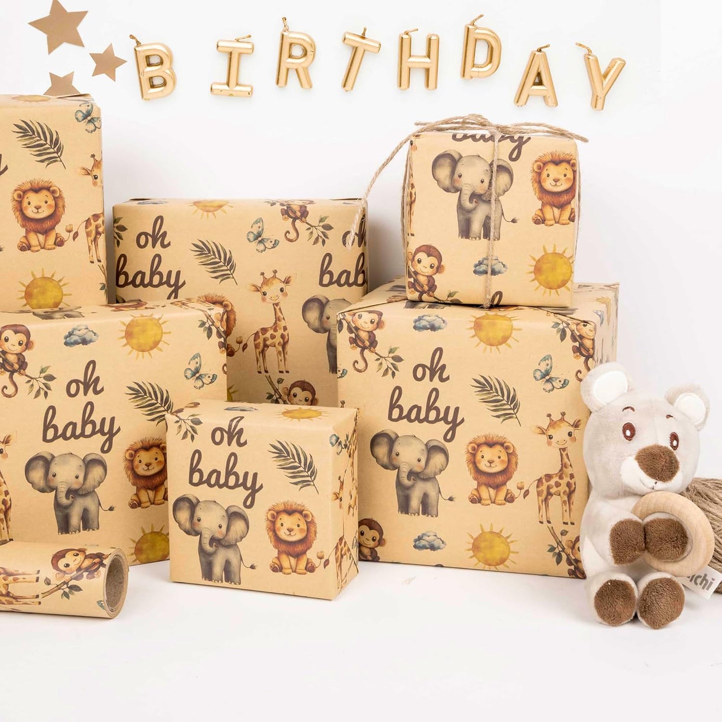 Vnaaem Baby Shower Kraft Wrapping Paper Roll for Kids Boys Girls - Cute Safari Animals & Oh BaBy Baby Gift Wrap for Birthday, Holiday, Baby Shower, Summer Party Favor - 17 in x 20 ft(Total 28.5sq.ft)