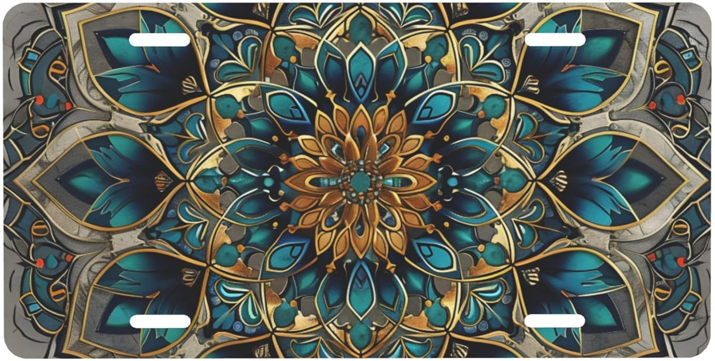 Front License Plate for Car Designs Ethnic Mandala Floral Stainless License Plate Cover Holder for Men Women Metal Aluminum Decorative Accessory Vanity Tag Standard 6 X 12 Inch (4 Holes)