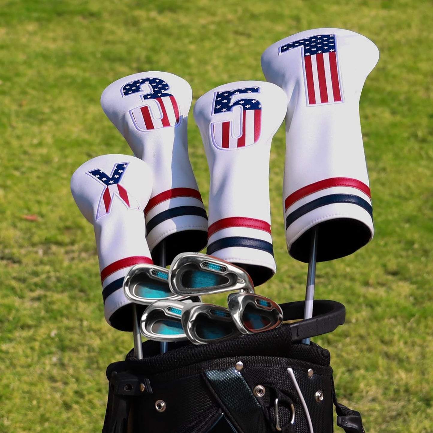Golf Head Covers, 4pcs or 1pc USA Stars and Stripes Golf Club Covers for Woods and Driver Fairway Hybrid, PU Leather Golf Club Head Covers for Men Women with Interchangeable Tags, Fits Most Golf Clubs