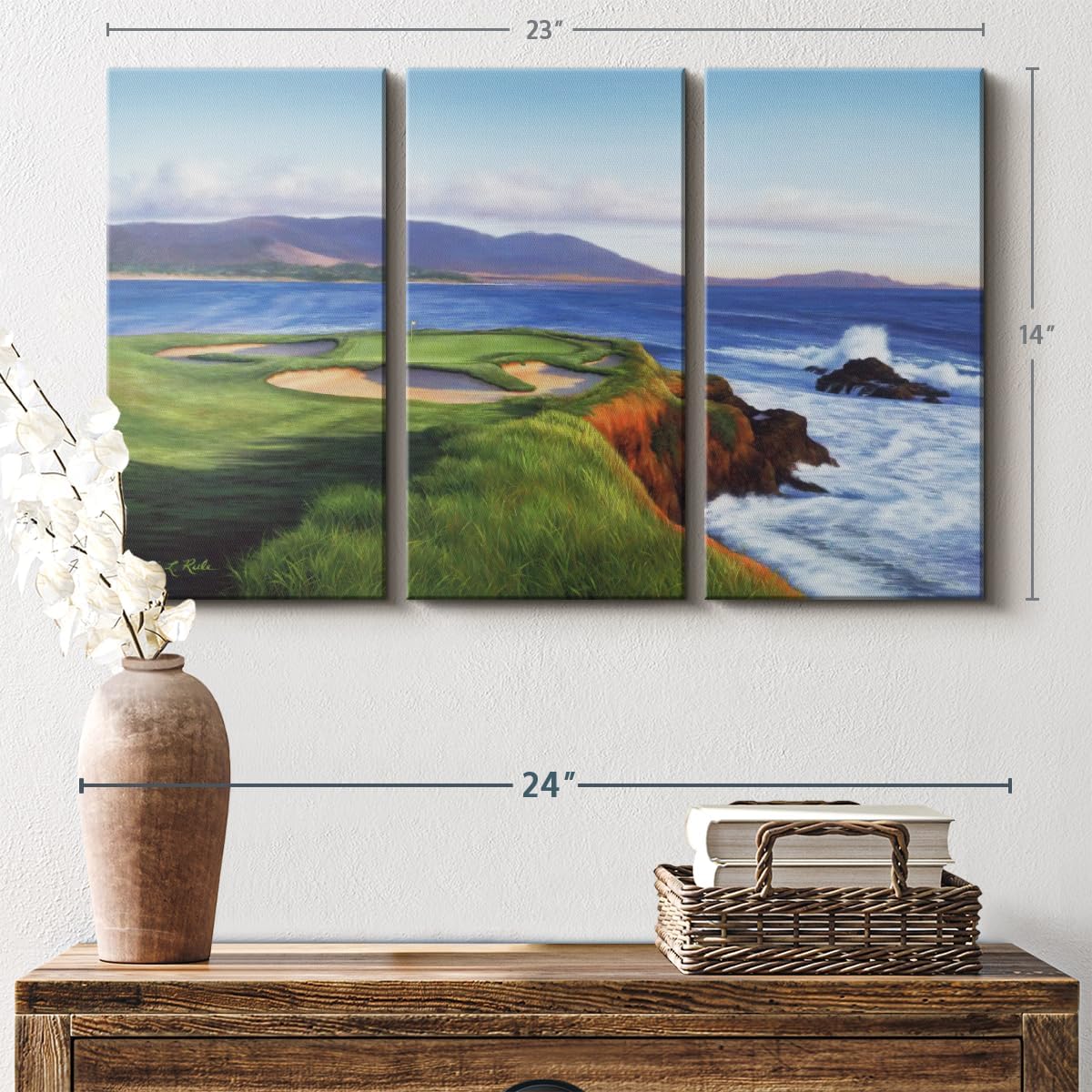 ElephantStock Pebble Beach 7th Hole Wall Art - Horizontal Canvas - 3-Piece Living Room Wall Decor - Painting Sports Canvas Print - Green and Blue Decor for Wall by Marci Rule - 23" X 14"