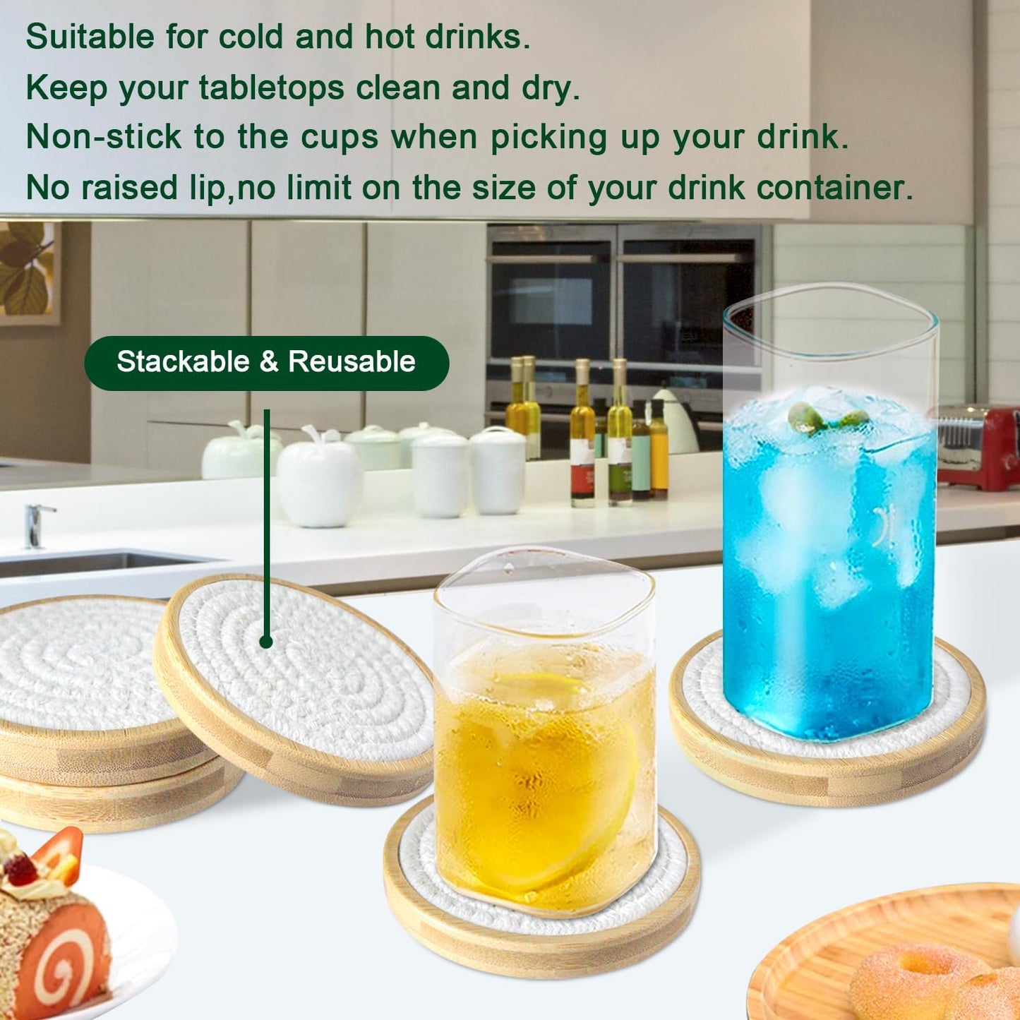 Bamboo Coasters for Drinks, Absorbent Coaster Sets of 5, Woven Drink Coasters for Coffee Table, Housewarming Gift for Farmhouse Home Decor,4 inches (White Series)