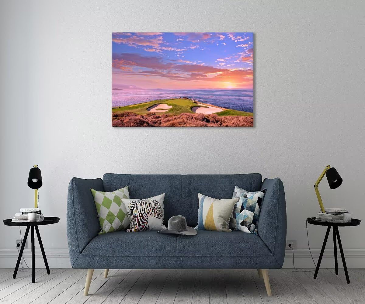 Pebble Beach Golf Course Hole 7 Wall Art Prints - Monterey California USA Golf Course Canvas Wall Art for Living Room Bedroom Bathroom Home Decorations Gifts Framed Ready to Hang(18''H x 24''W)