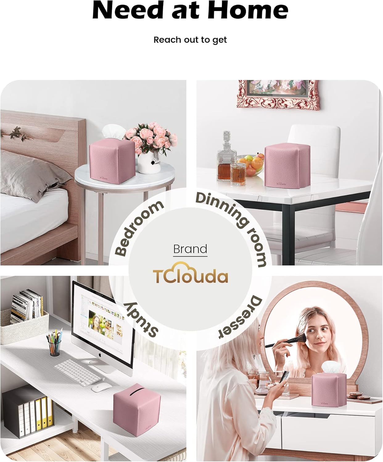 Tissue Box Cover for PU Leather, Modern Simple Solid Color Holder Square Tissue Bag, Ideal for Bathrooms,Office,Car,Nightstand,Outdoor Tent,Dining Table,5"X5"X5", Double Pink