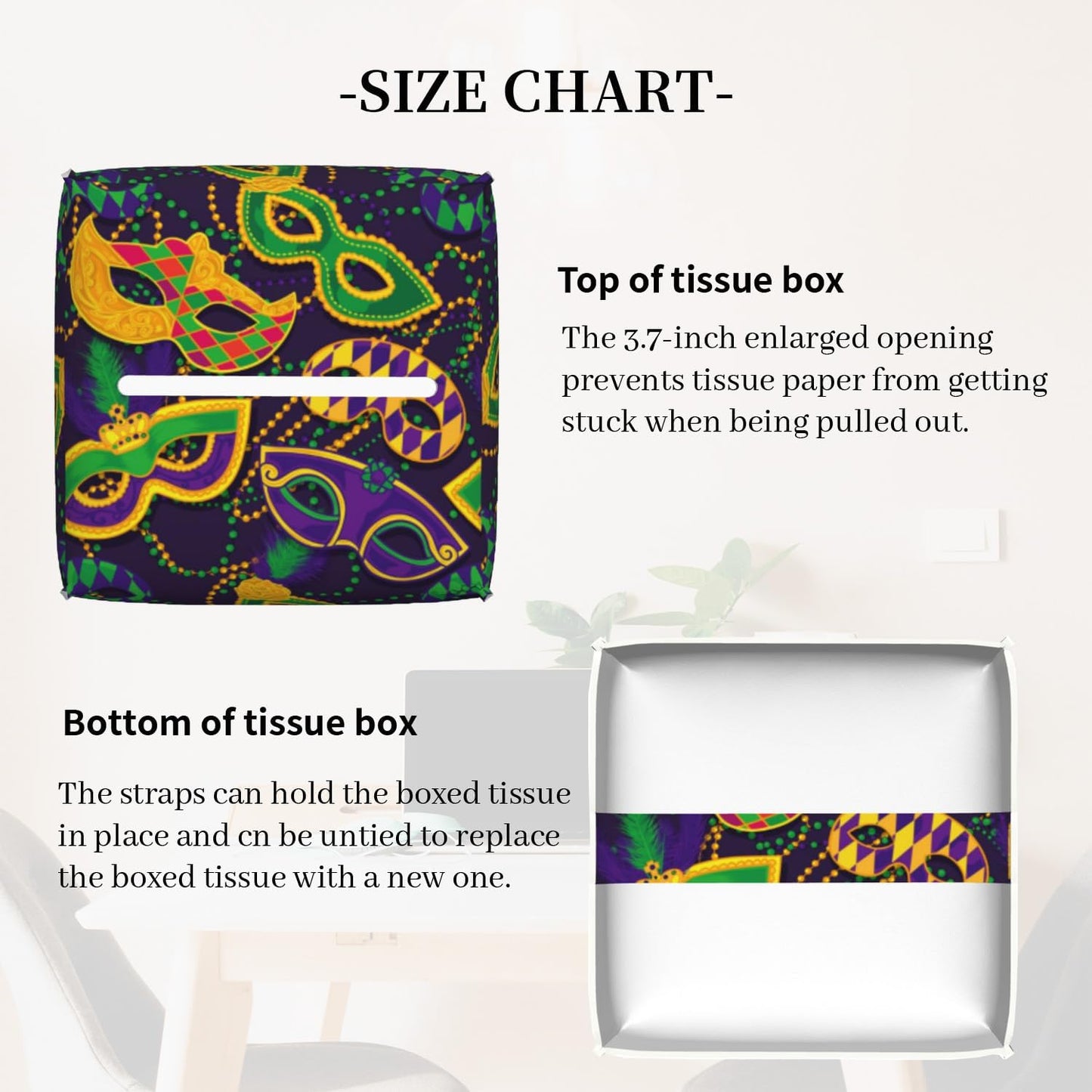 Tissue Box Cover Holder, Colorful Mardi Gras Masks PU Leather Square Tissue Box Cover Decorative Organizer for Bathroom Kitchen Bedroom Vanity Countertop Night Stands