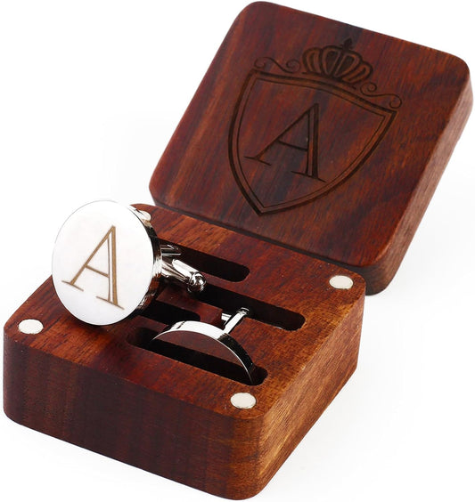 Mens Initial Silver Cufflinks A-Z Alphabet Letter Steel Cuff Links with Engraved Walnut Wood Box Groom Groomsman Wedding Set…