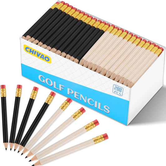 Chivao 288 Pieces Golf Mini Pencils Bulk with Eraser #2 HB Golf Short Pre Sharpened Pencils for Party Favors Office Supplies 4 Inch(Black and Wood)