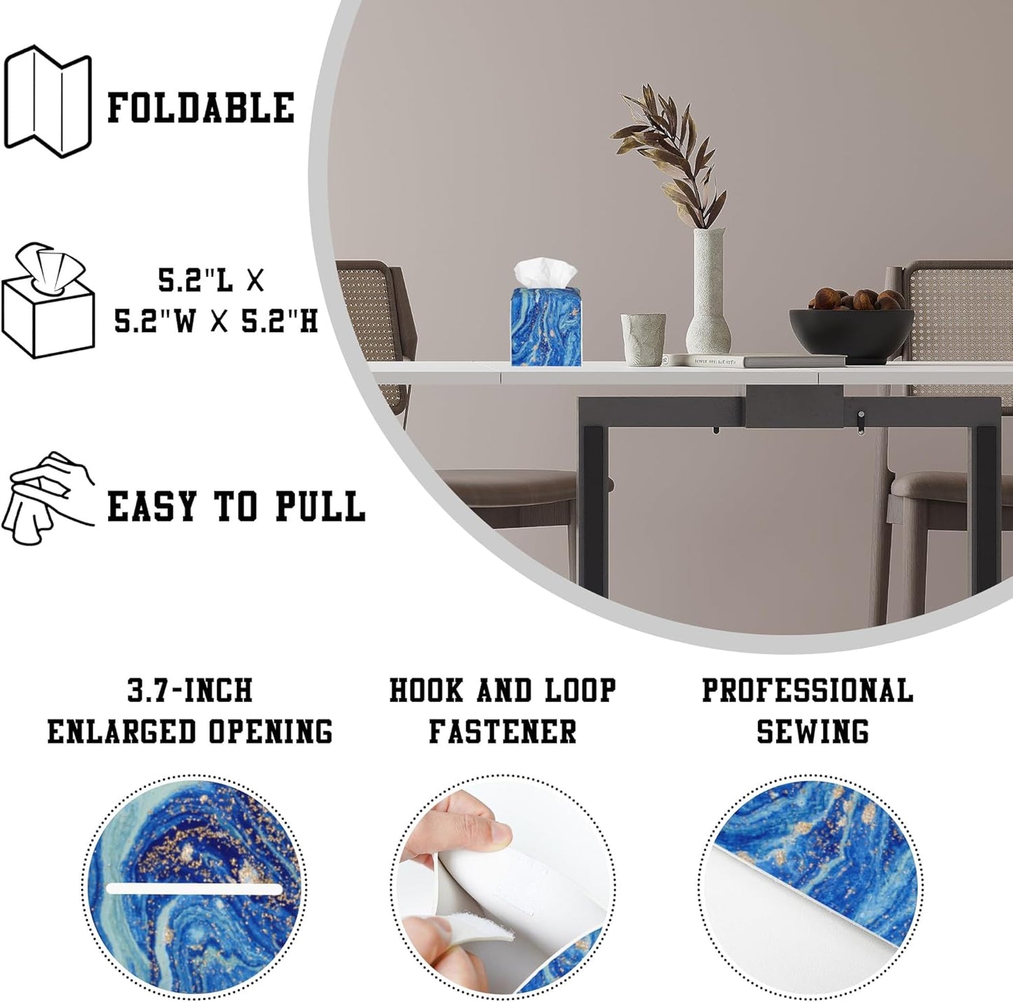 Blue and Gold Liquid Marble Tissue Box Cover Square, Tissue Box Holder Leather Facial Paper Case Decorative Organizer Holder Dispenser Home Office Car Decor