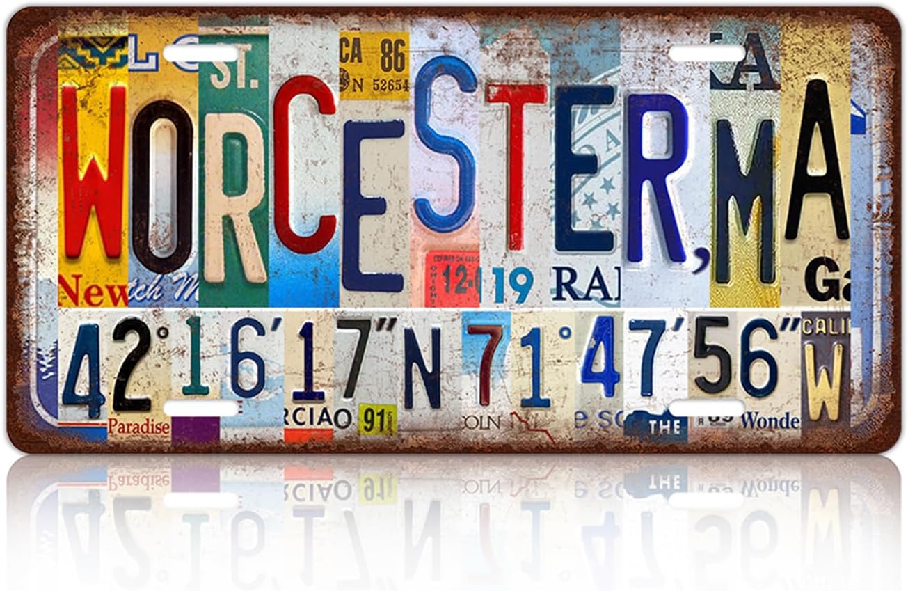 Vintage City License Plate Worcester,Ma Wall Decor Metal Tin Sign for Bar Home Bedroom 12 x 6 Inches （Including latitude and longitude）