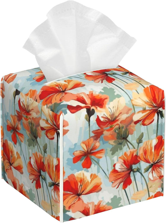 Watercolor Flowers Tissue Box Holder,Vintage Leaves Square Leather Tissue Box Cover,Waterproof Modern Napkin Holder Organizer for Car Bathroom Nightstand Vanity Office Tabletop,5.2" x 5.2" x 5.2"