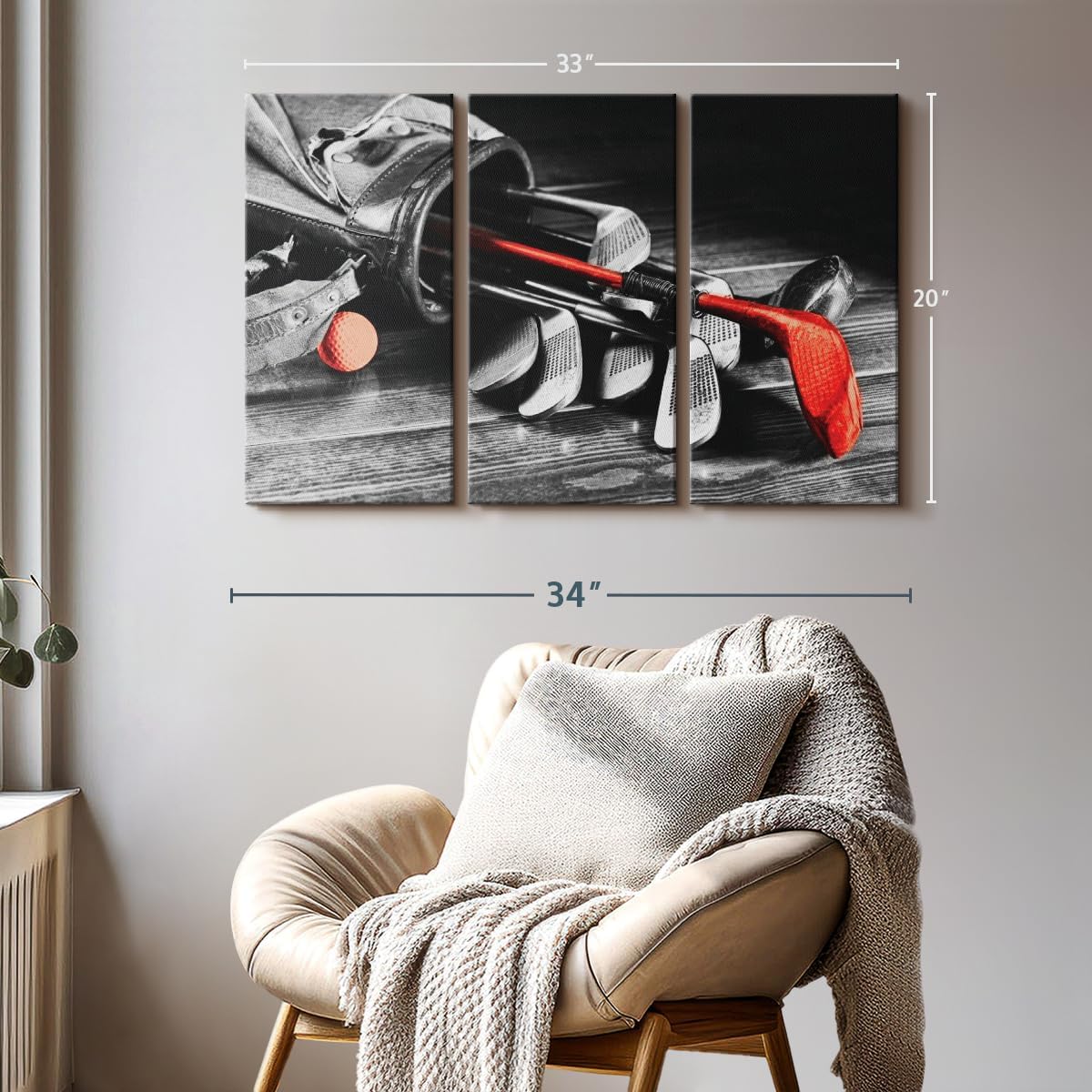 ElephantStock Golf Equipment Pop Wall Art - Horizontal Canvas - 3-Piece Living Room Wall Decor - Photography Sports Canvas Print - Black and Gray Decor for Wall - 33" X 20"