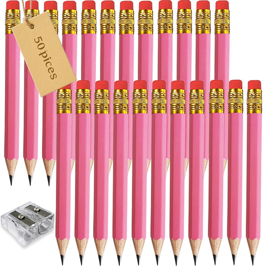 Adhere 25pcs Golf Pencils with eraser Hexagon Wooden Pencils Graphite 2B for Golf Event Scoring,Classroom,Wedding,Company Meetings,Pew, Pocket (z-Pink・Hexagon・50pcs)