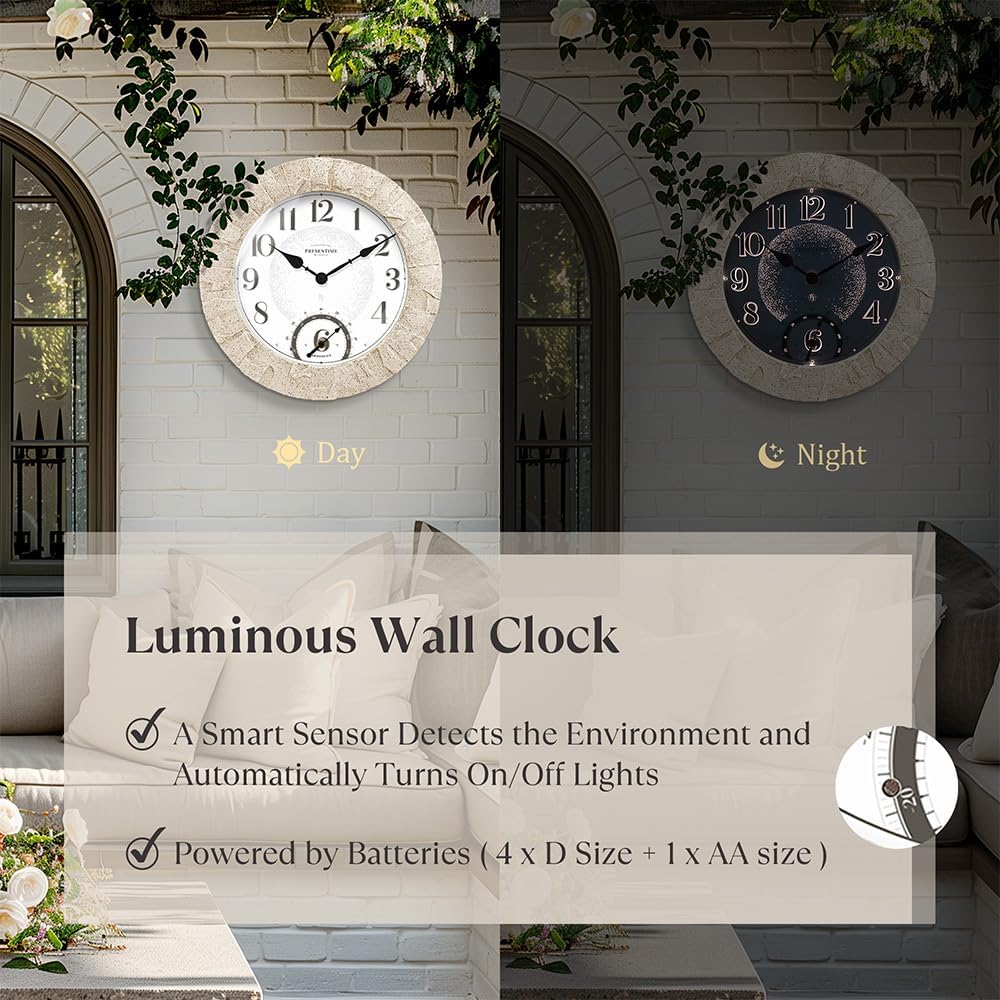 Presentime & Co 14" Illuminated in/Outdoor Clock with Smart Sensor and Night Light, Waterproof, Large Wall Clock with Thermometer & Hygrometer, for Garden and Patio - Coastal Sandstone Finish.