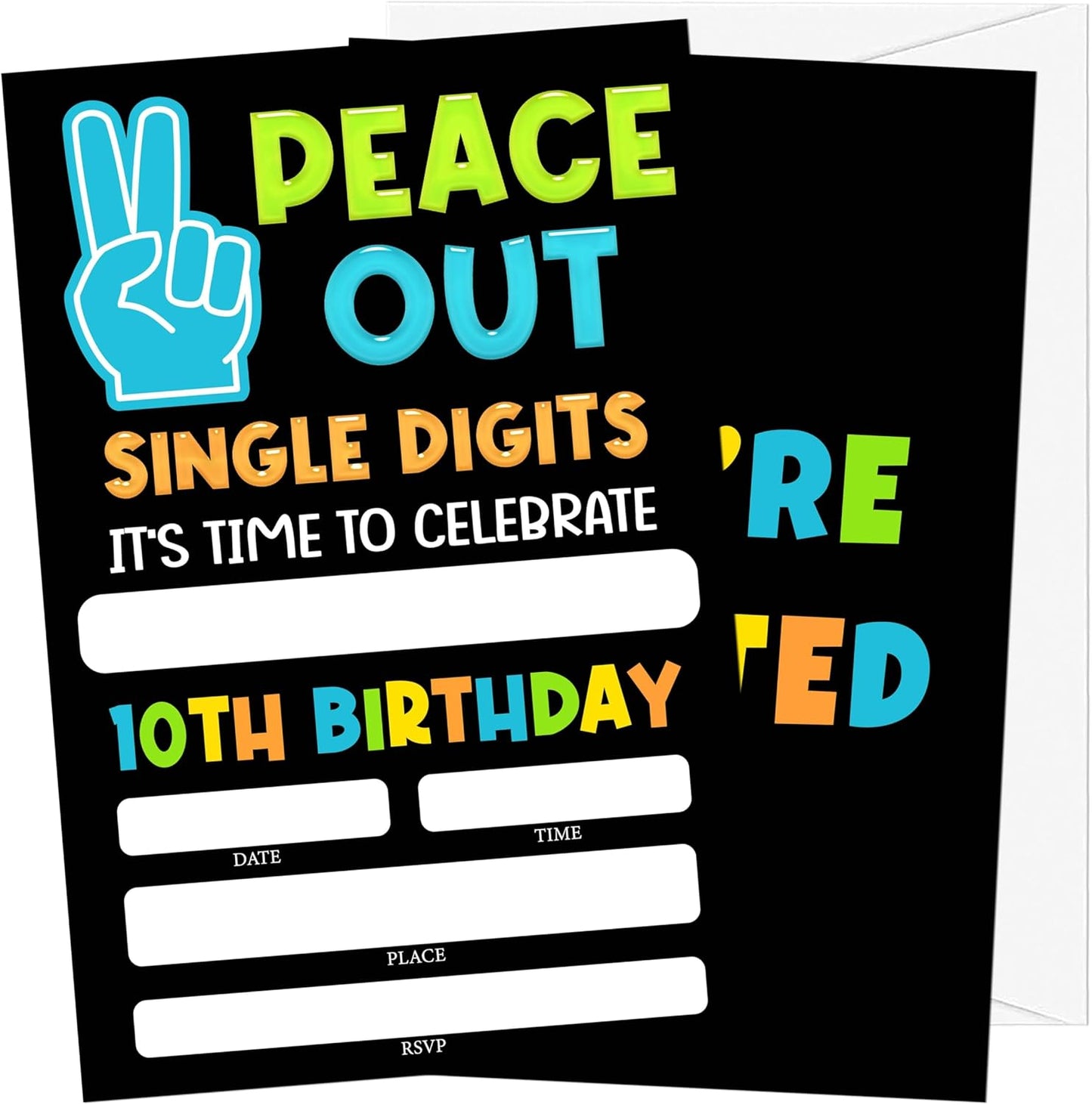 10th Birthday Invitations, 20 Invitation Cards with Envelopes, Peace Out Single Digits Invites for Party Decorations Favor Supplies - A30