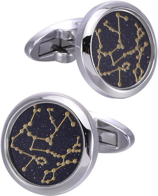 Sky Constellation Pattern Round Men's Cufflinks In Gift Case Sparkling Blue Goldstone Cufflinks for Men Jewelry for Wedding Party Business Birthday Anniversary Dress