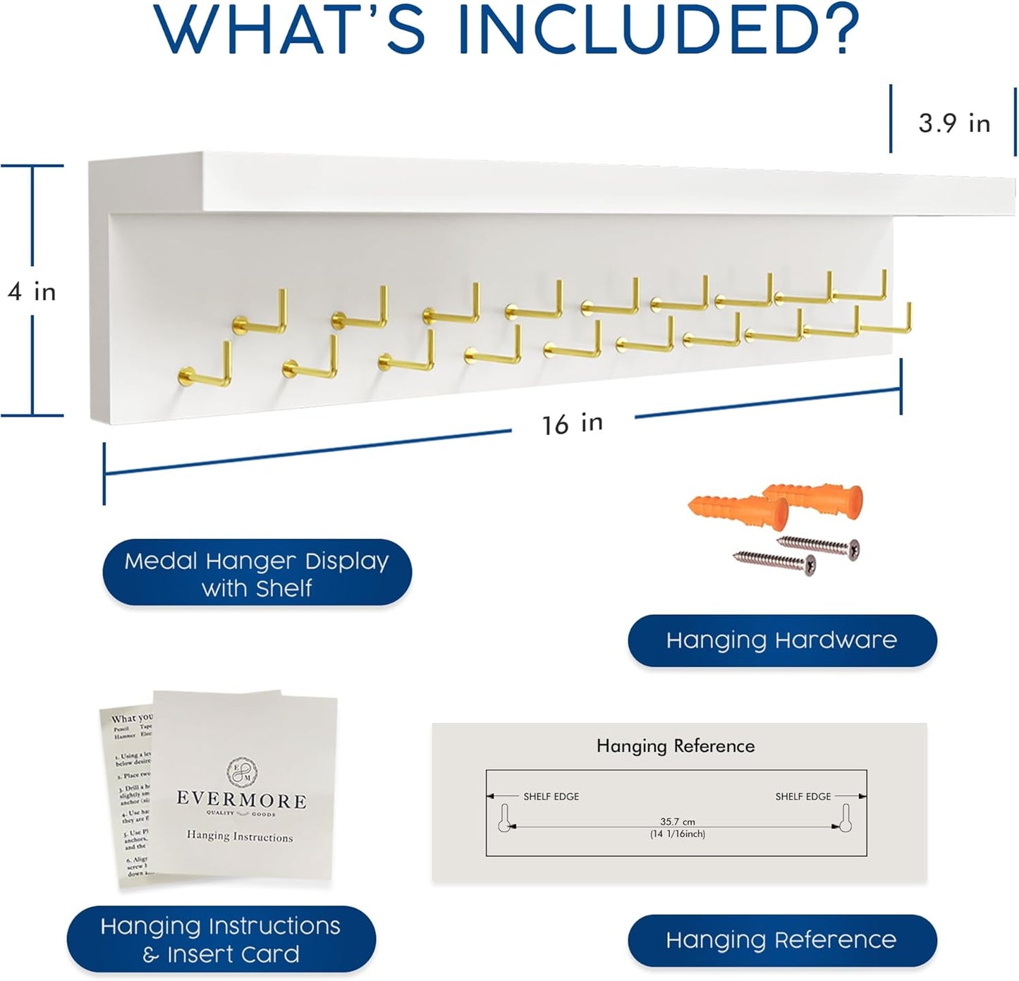 EVERMORE Medal Hanger Display and Trophy Shelf with Hooks - Wooden Medal Holder for Wall Mount Ribbon Display, Trophy Display Shelf for Gymnastics, Soccer, Running Race Medals Awards Rack