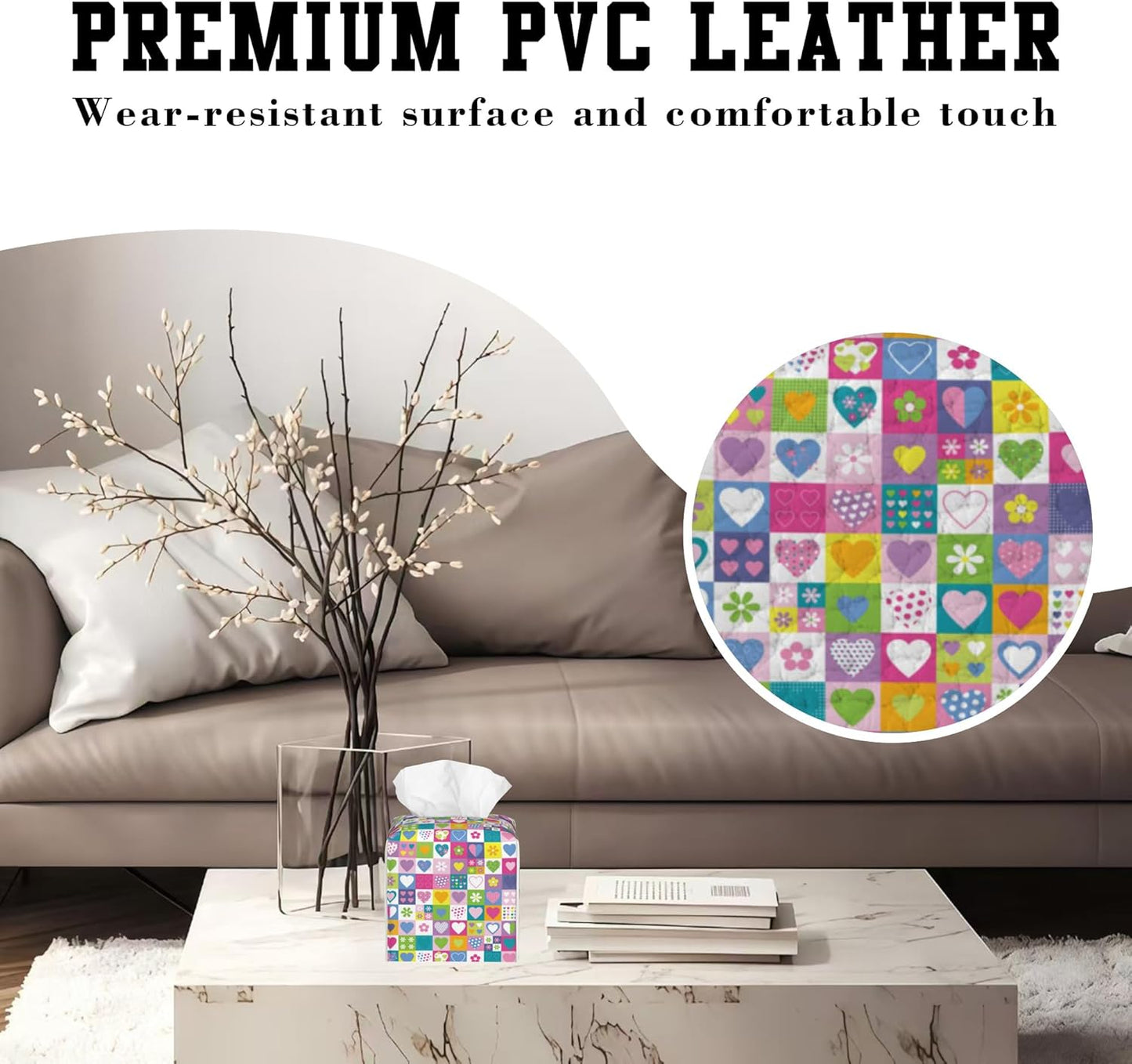 Checkered Hearts and Flowers Tissue Box Cover Square, Tissue Box Holder Leather Facial Paper Case Decorative Organizer Holder Dispenser Home Office Car Decor