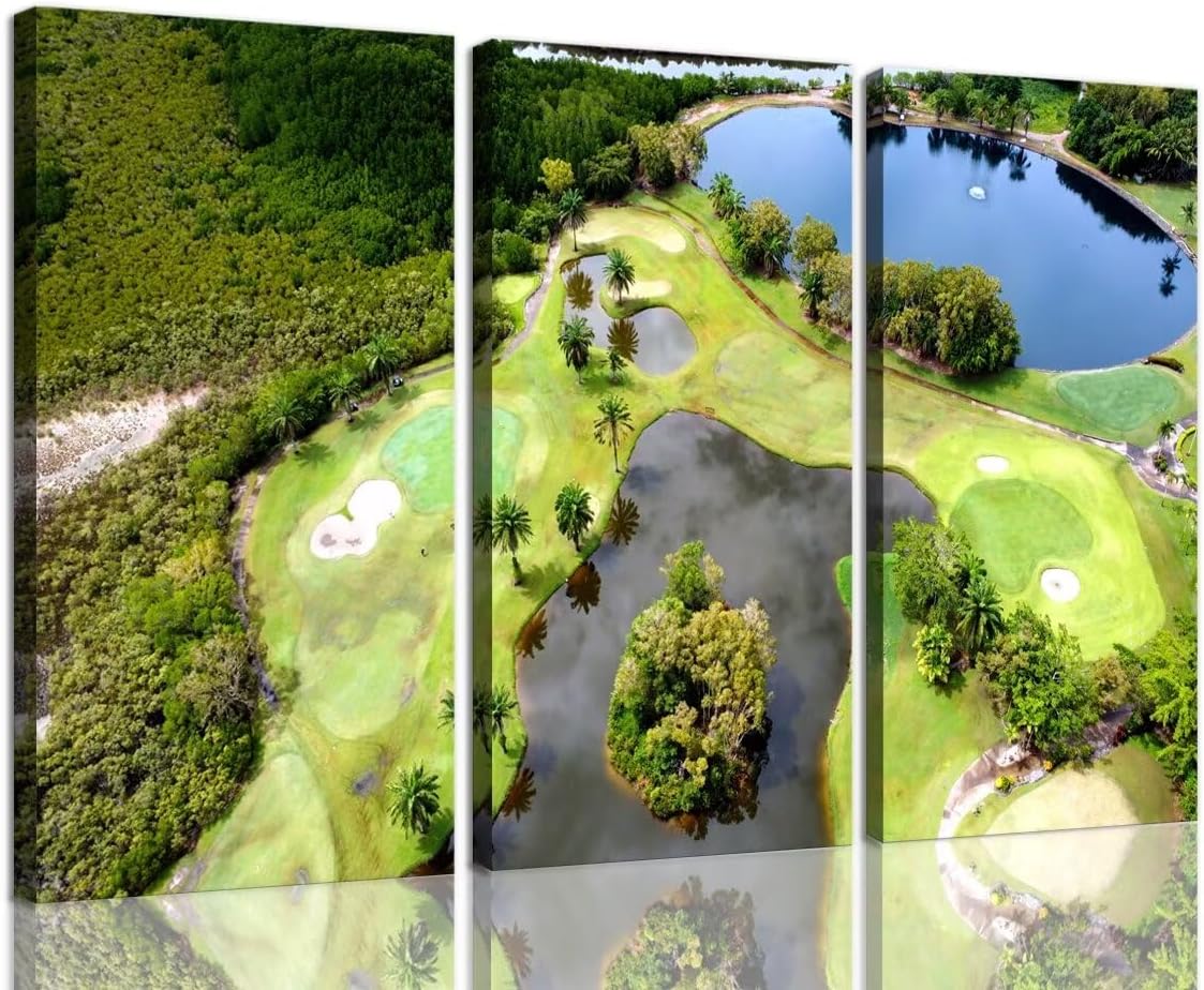 chenchenArt Golf Course Wall Art for Living Room Bedroom Bathroom Home Decorations Lake and Golf Course Pictures Posters Canvas Prints Modern Artwork for Office Framed Ready to Hang(12''W x 24''H x3)