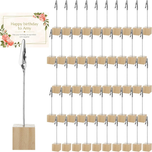 50 Pcs Place Card Holder Cube Photo Clips Holder with Alligator Clip, 4.7 x 1 Inch Table Number Holders Cube Base Memo Clips Holders for Displaying Pictures Number Card Wedding Party (Wood)