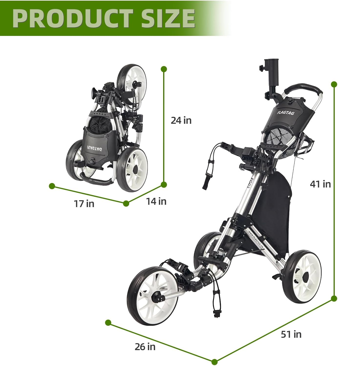 Golf Push Cart 3 Wheel,Foldable Golf Push Cart,Golf Bag Cart with Foot Brake,Umbrella Holder, Cup Holder, Storage Compartment