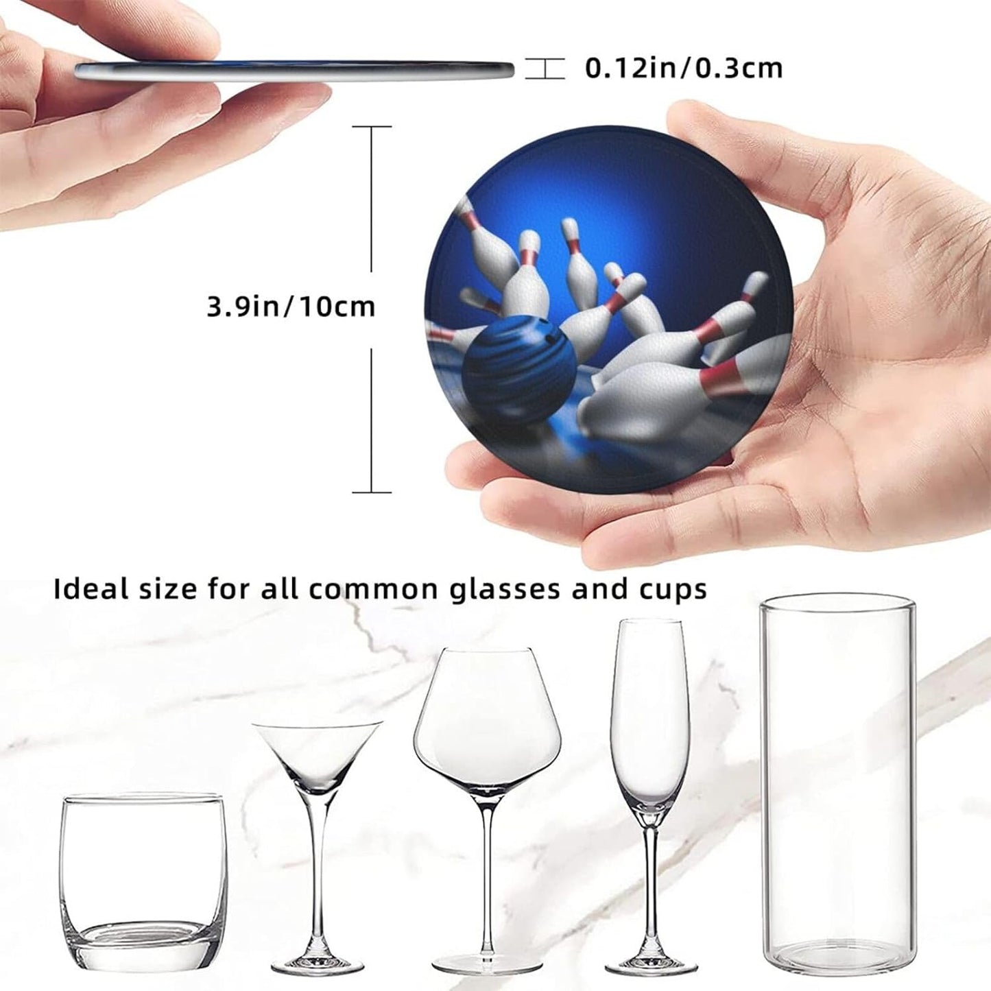 Fun Bowling Ball Sport Coasters for Drinks Round Leather Coaster with Holder Set of 6 for Tabletop Protection Desk Accessories Office Home Room Decor