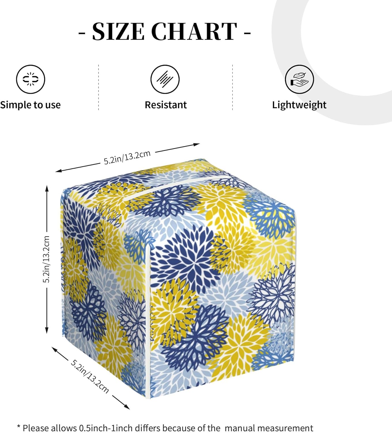 Yellow and Navy Chrysanthemum Flower Tissue Box Cover Leather Tissue Box Holder Square Facial Paper Organizer Dispenser for Bathroom Kitchen Bedroom Vanity Countertop Night Stands