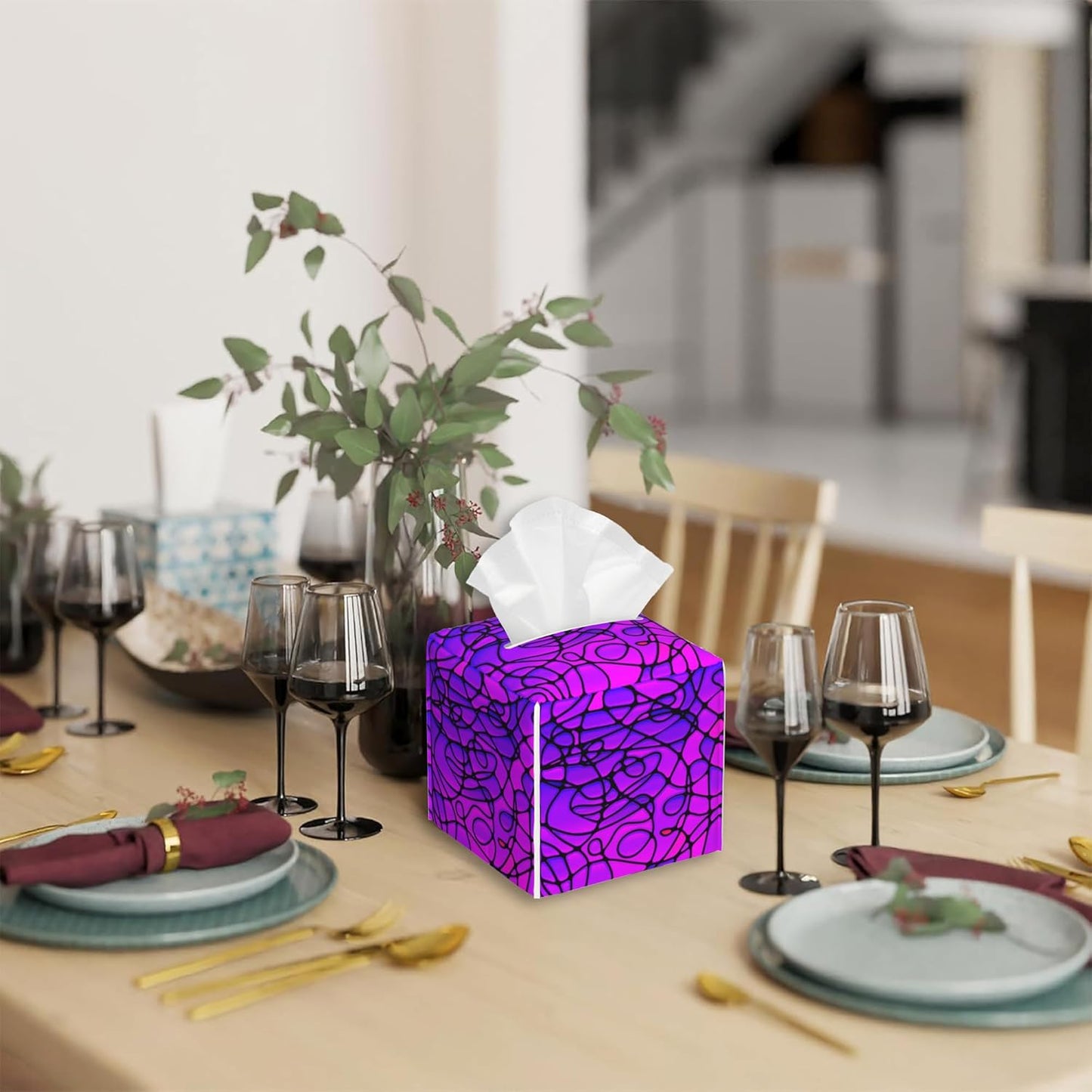 Tissue Box Cover Square,Abstract Purple Stained Glass Tissue Box Holder Waterproof Leather Facial Paper Case Modern Home Decoration for Bedroom Dresser Night Stand Office Desk