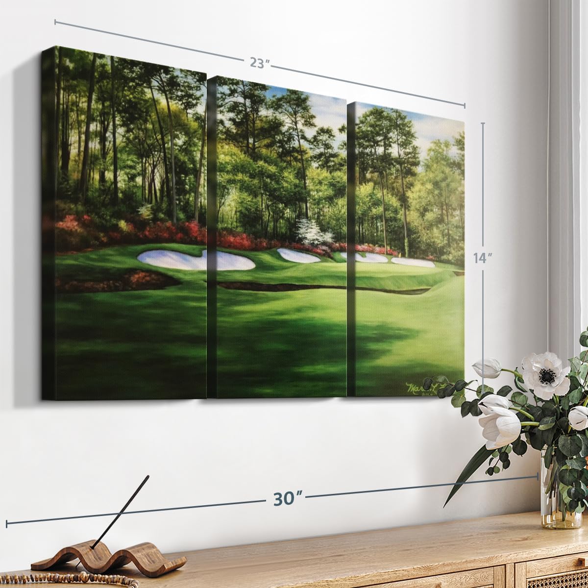 ElephantStock Augusta National 13th Hole I Wall Art - Horizontal Canvas - 3-Piece Living Room Wall Decor - Painting Sports Canvas Print - Green and Red Decor for Wall by Marci Rule - 23" X 14"