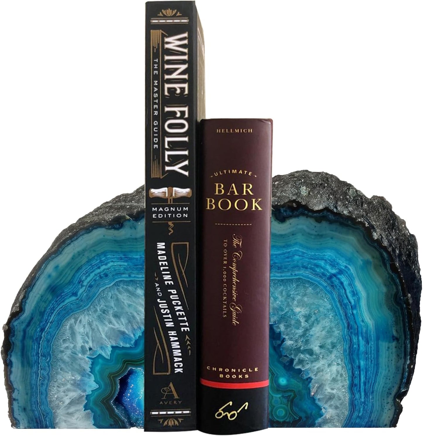 AMOYSTONE Teal Agate Geode Bookends, Unique Natural Crystal Book Holder 2-3 LBS with Rubber Bumpers, Sujetalibros for Small Books and Kitchen Cookbooks, Stylish and Functional
