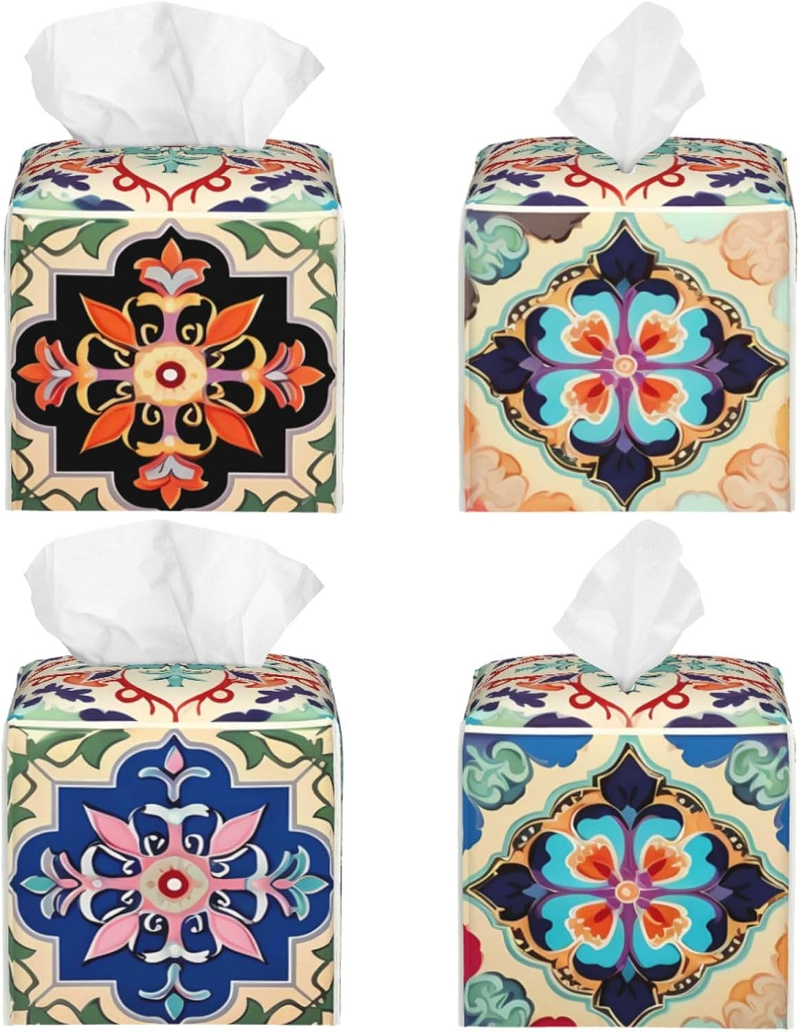Tissue Box Cover Colorful Boho Ceramic Tile Square PU Leather Tissue Box Holder for Car Bathroom Bedroom Desk Tabletop Decor
