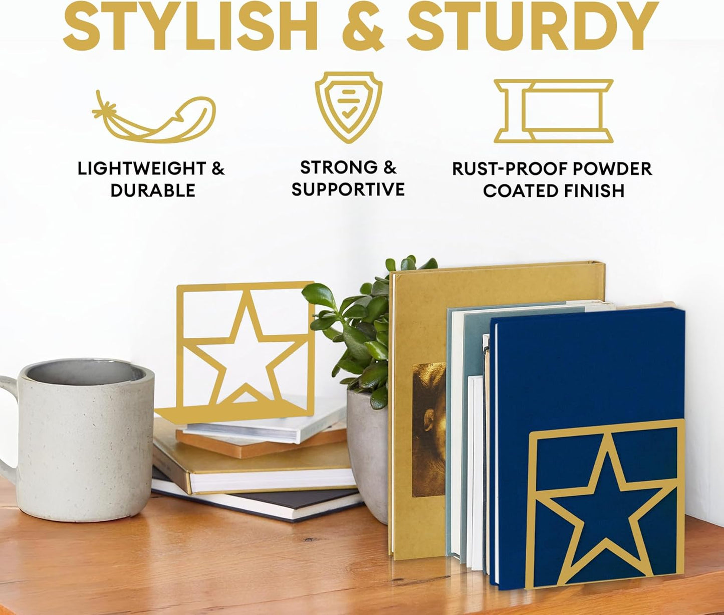 GEOMOD Star Gold Metal Bookends Decorative - Tall Sturdy Book Ends for Shelves - Modern Heavy Duty Bookend Stopper - Office or Home Book Shelf Book Holder - 6x3.2x6.3 Inches - 2 Pair