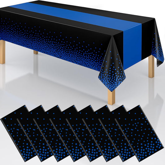2in1 Disposable Plastic Tablecloths 54" x 108" Black and Blue Dot Kitchen Table Cloth Rectangle Table Cover for Wedding Birthday Baby Shower Anniversary Christmas Graduation (Black/Blue, 8 Pack)