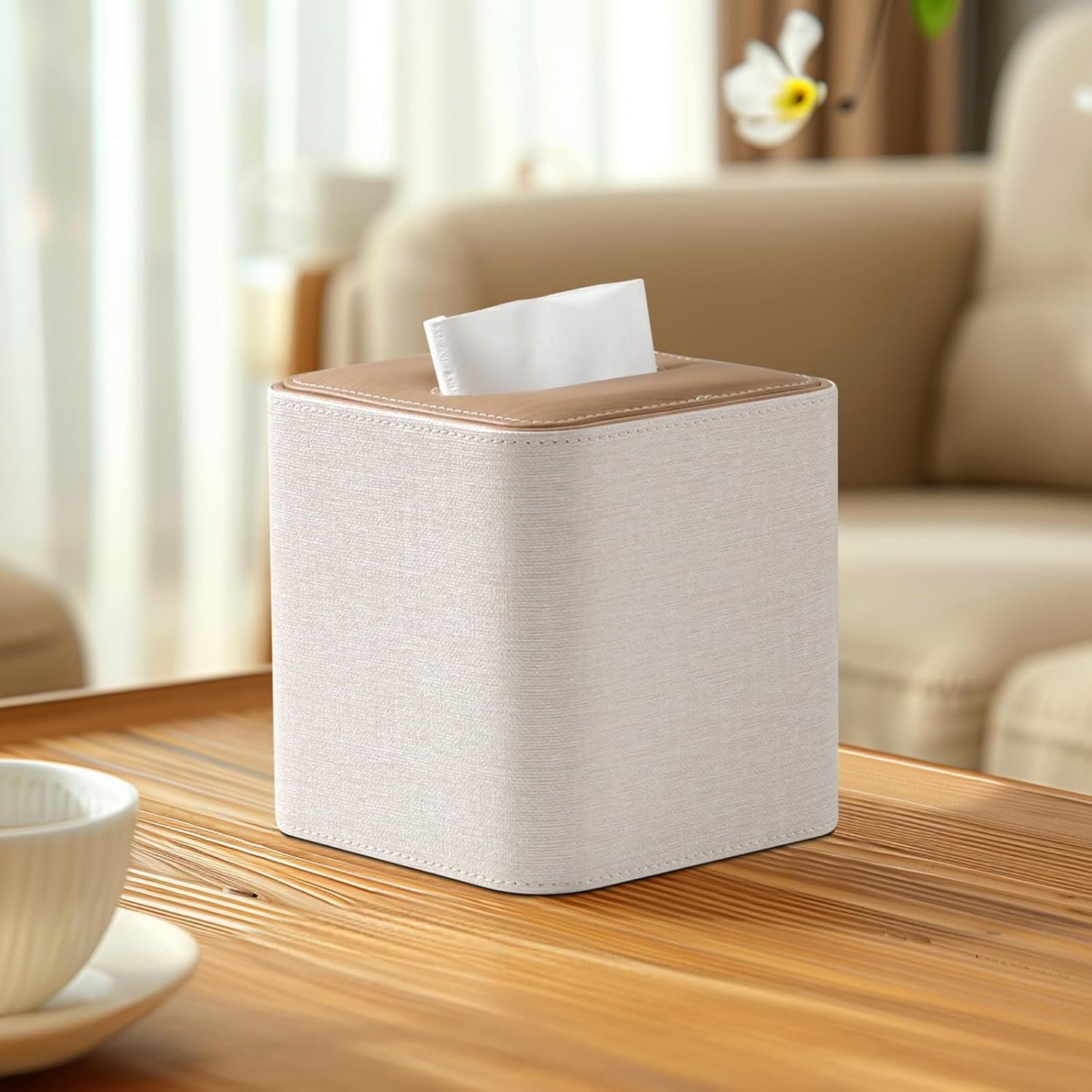 Square Linen Tissue Box Cover with Magnetic Closure, Modern PU Leather Tissue Box Holder for Bathroom Vanity Countertop Night Stands Bedroom Office Desk, Stylish Cube Tissue Holder (Linen)