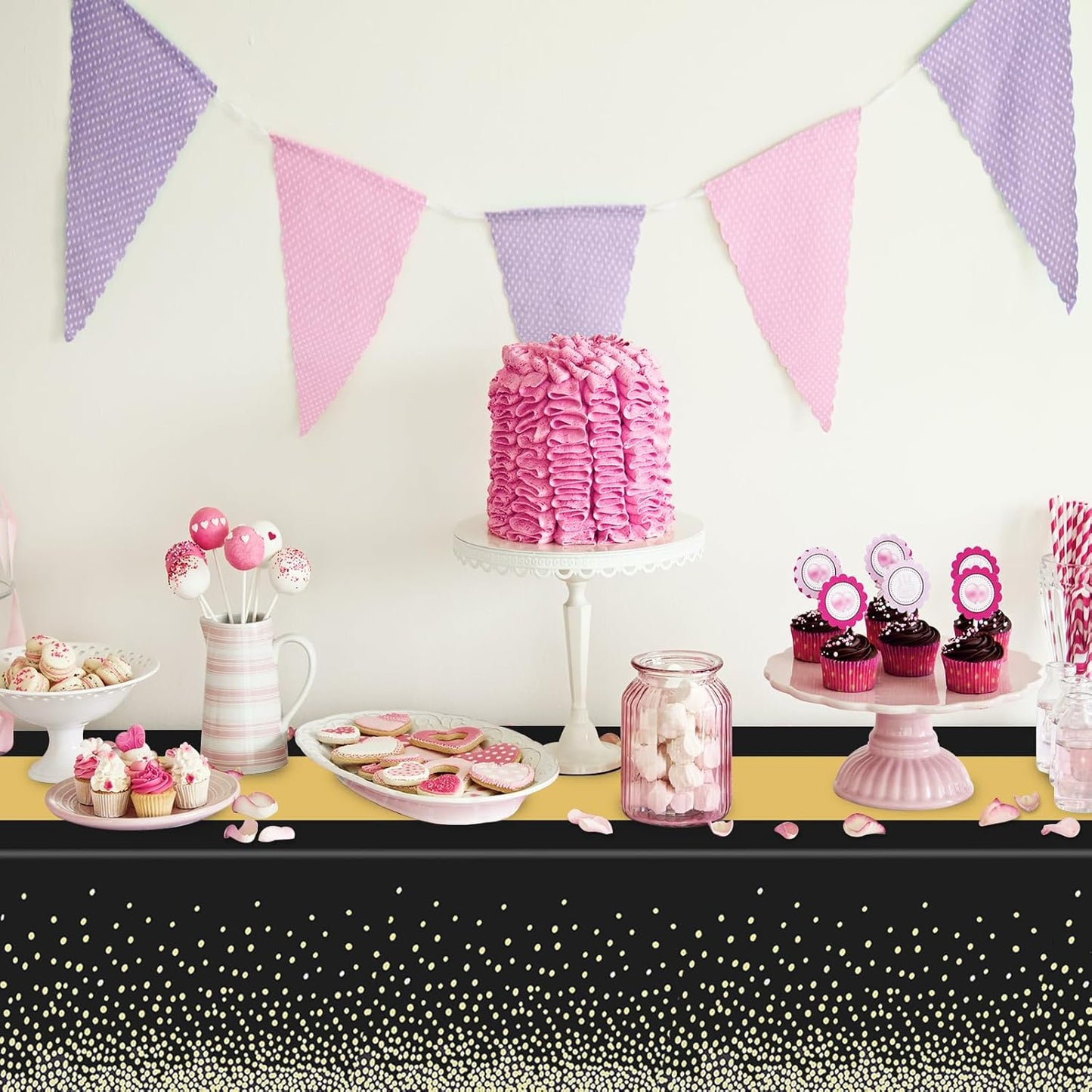 6 Pack Rectangle Plastic Dot Tablecloth Set, 54 X 108 Inch Plastic Table Cover, 12 x 108 Inch Satin Table Runners for Wedding Graduation Birthday New Year Party Decorations (Black, Gold)