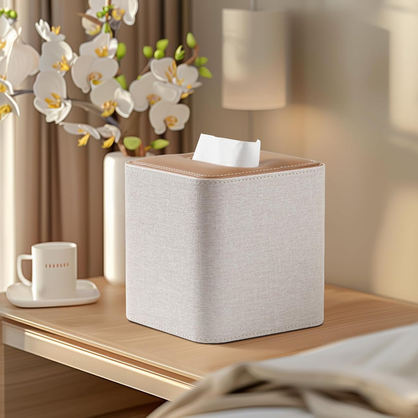 Square Linen Tissue Box Cover with Magnetic Closure, Modern PU Leather Tissue Box Holder for Bathroom Vanity Countertop Night Stands Bedroom Office Desk, Stylish Cube Tissue Holder (Linen)
