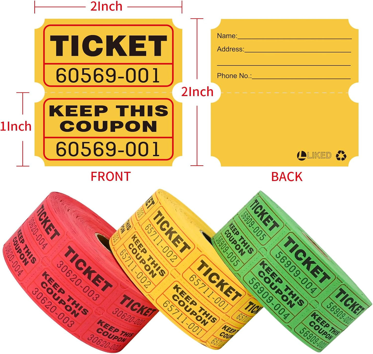 L LIKED 3000 Assorted Raffle Tickets Double Roll,Consecutively Numbered,50/50 Raffle Tickets for Event,Party,Prize,Drawing(Red,Green,Yellow)