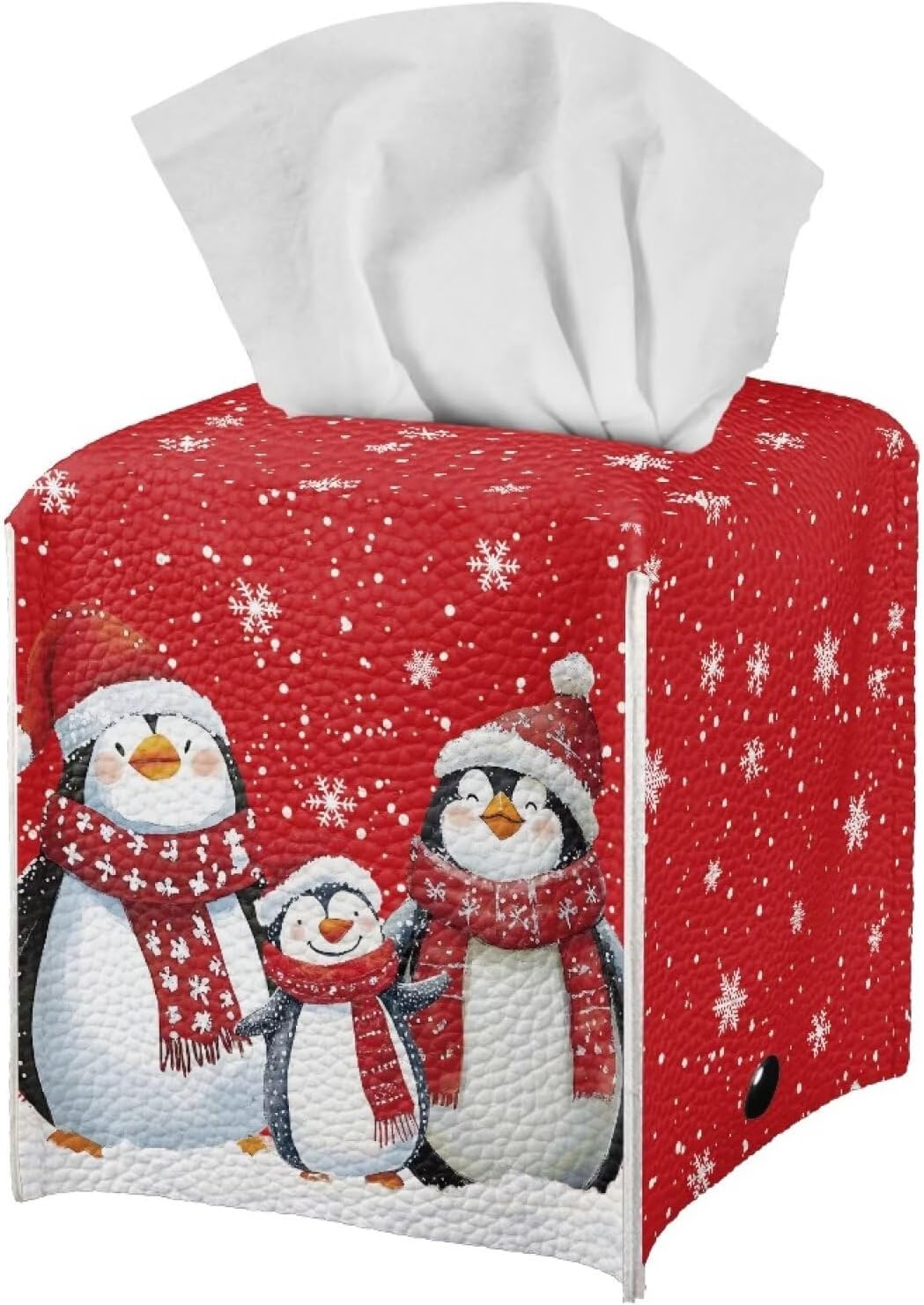Christmas Tissue Box Cover Cute Penguin Tissue Box Square Red Tissue Box Holder with White Snowflake Fun Tissue Box for Office Bedroom Car Bathroom Xmas Decor