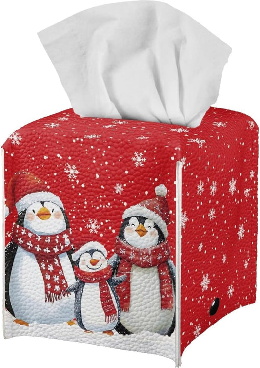 Christmas Tissue Box Cover Cute Penguin Tissue Box Square Red Tissue Box Holder with White Snowflake Fun Tissue Box for Office Bedroom Car Bathroom Xmas Decor