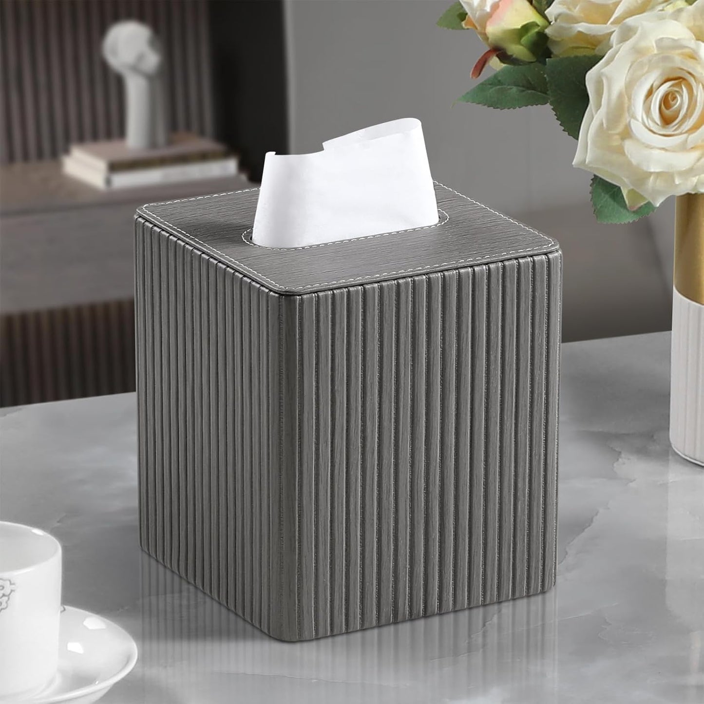 PU Leather Tissue Box Cover Square Tissue Box Holder with Magnetic Closure (Slate Grey)
