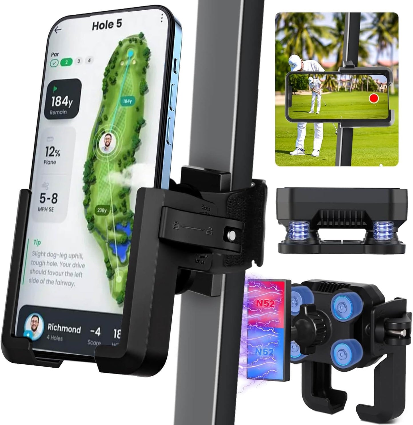 Golf Cart Phone Holder Mount Magnetic with Vibration Dampener Anti Shake, Golf Cart Phone Caddy Compatible with iPhone/Galaxy/Google Pixel/Motorola Fit EZGO/Club Car/Yamaha/ICON/Zone