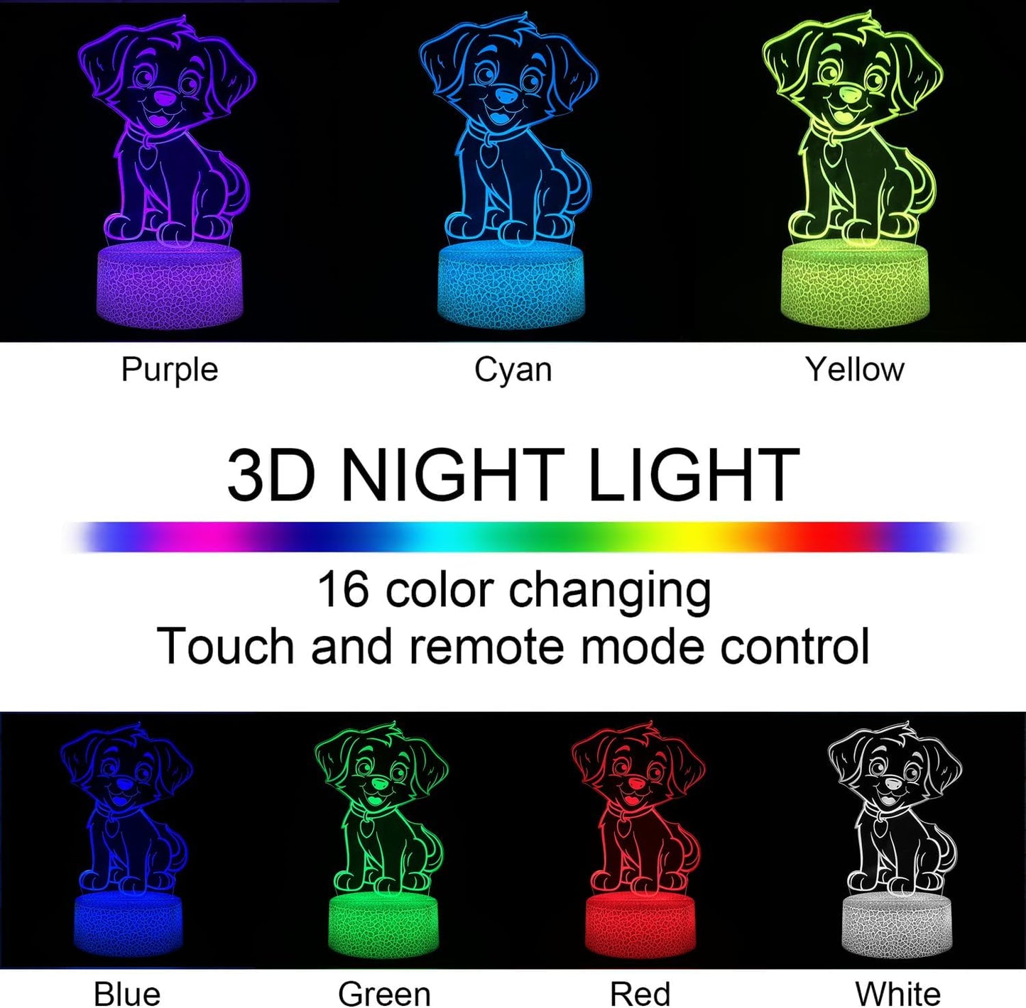 i-CHONY Dog Night Light for Kids,16 Colors Change Cute Puppy Lamp with Remote Control,Smart Touch,USB Cable,Bedroom Bedside Lamp,Dimmable Dog Toys for Kids Boys Girls Christmas Birthday Gift
