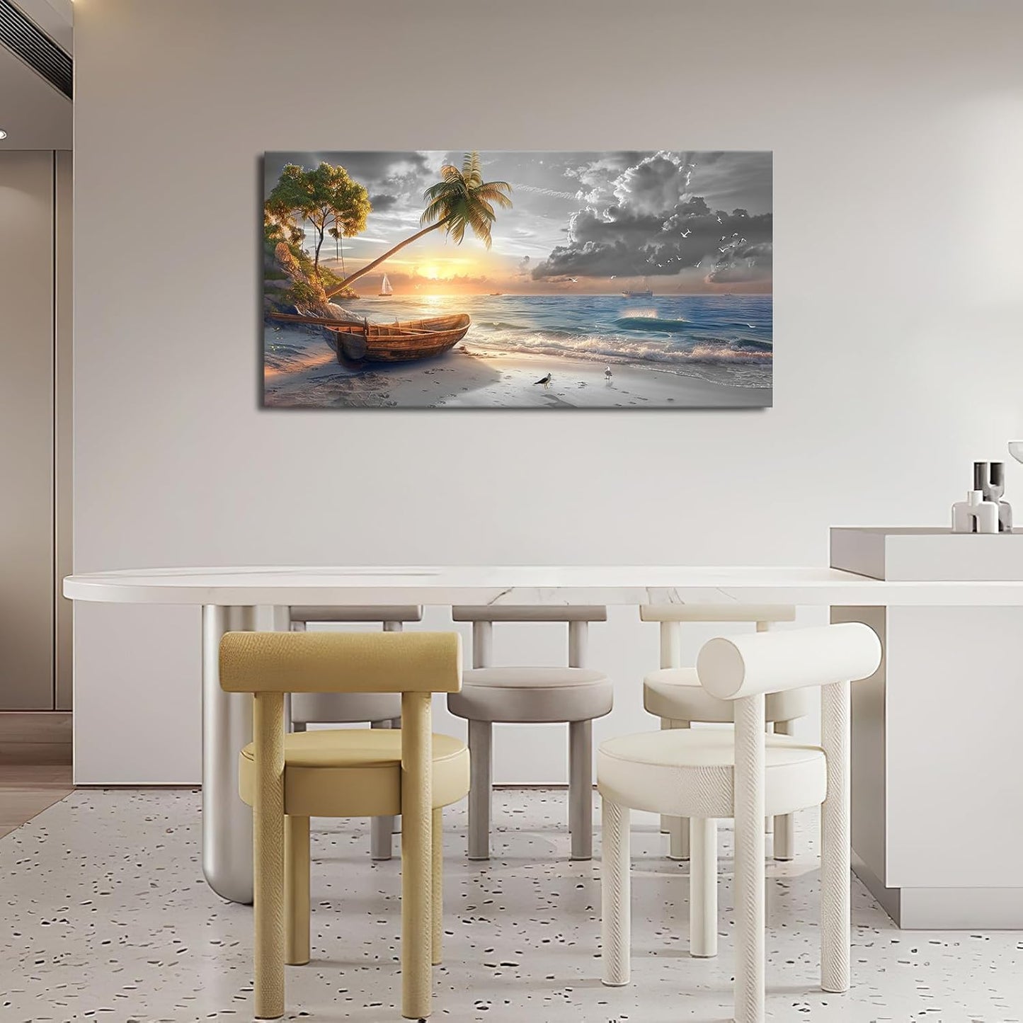 Large Coastal Living Room Wall Art Summer Beach Canvas Wall Decor Black White Ocean Seascape Pictures Painting Hawaii Scenery Home Decoration Giant Boat Seagull Artwork for Bedroom Framed 30"x60"