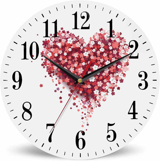 Mxocom Floral Love Heart Wall Clock Beautiful Romantic Red Pink Rose Peony Flower Petal 10 Inch Silent Non Ticking Battery Operated Clock Vintage Round Clock for Living Room Bedroom Bathroom Decor