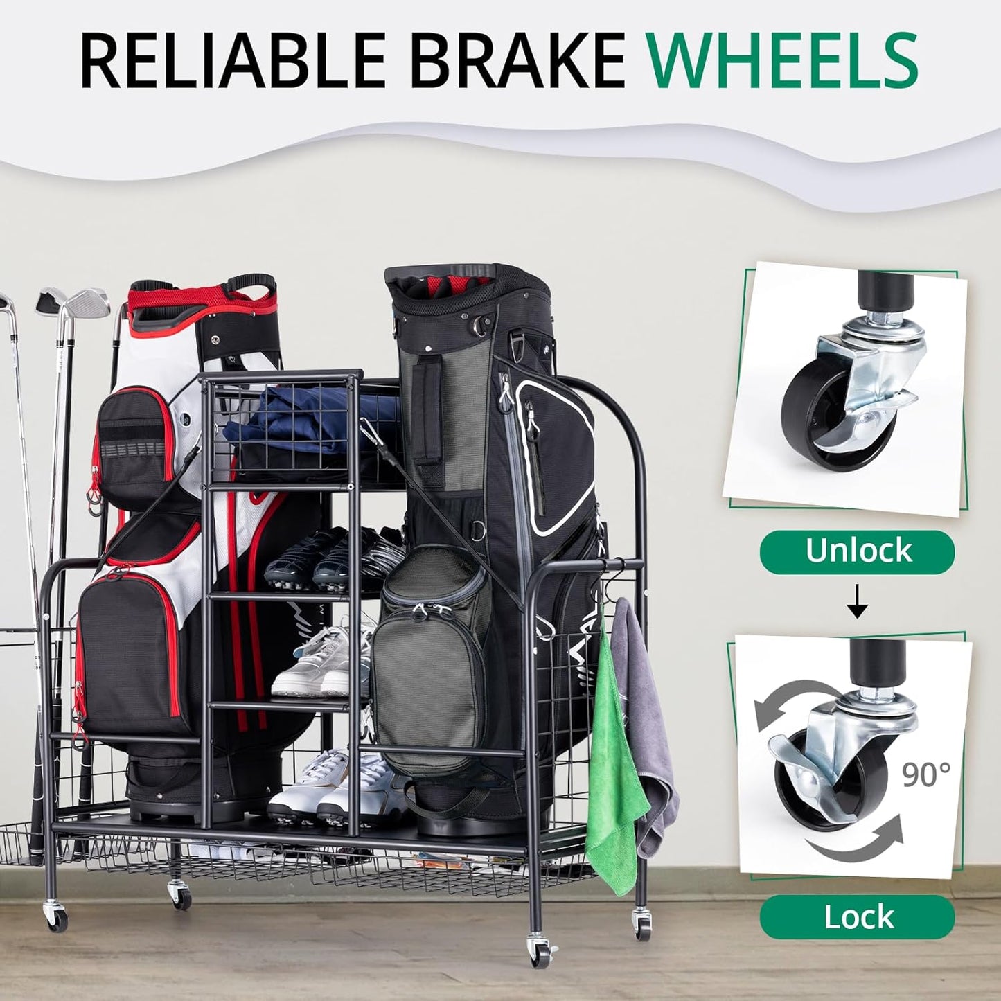 Golf Bag Organizer for Garage, Golf Storage Bag Stand, Golf Push Cart for Men and Women, Golf Club and Other Golfing Equipment Accessories Rack, Golf Bag Holder for Garage, Club, Shed, Basement